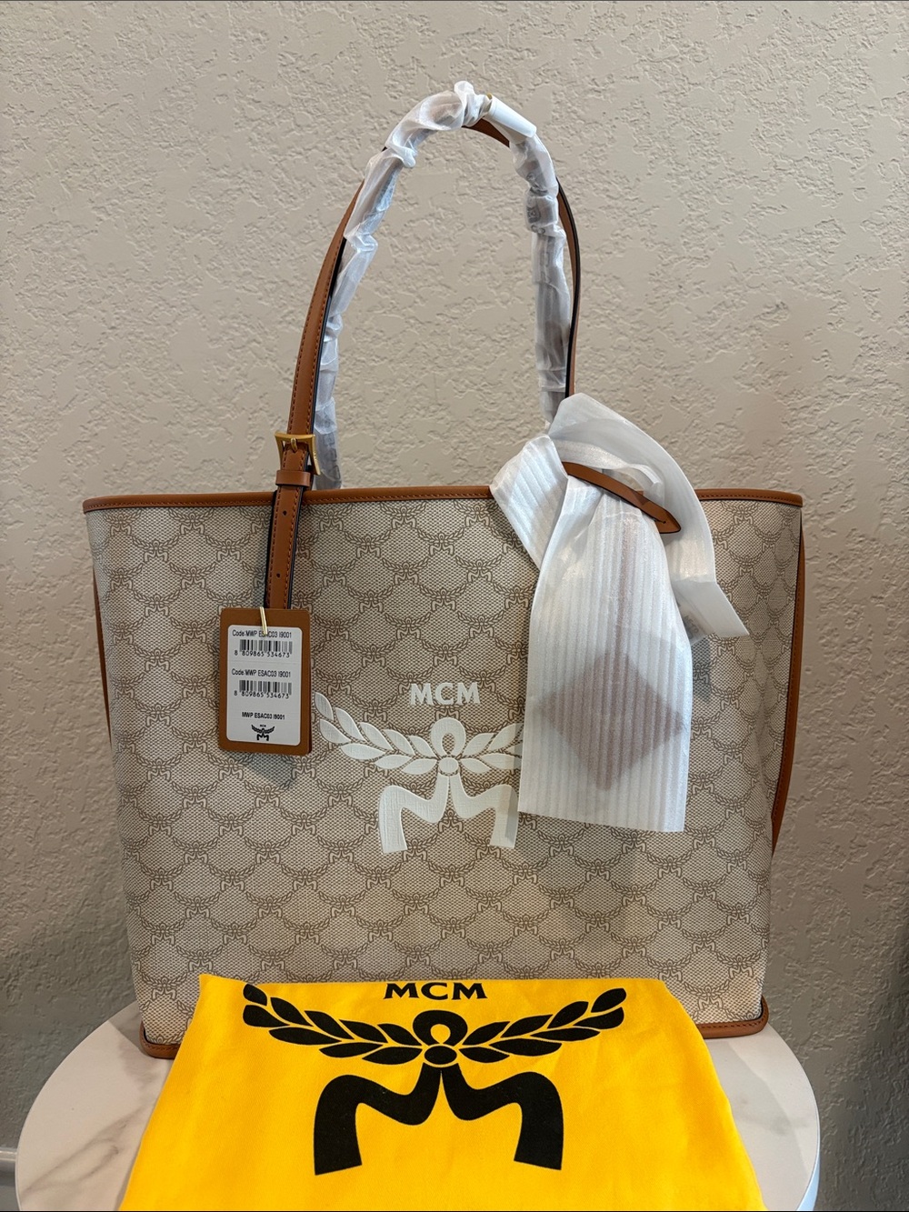 NWT MCM Oatmeal Medium Logo Tote with Tan Trim